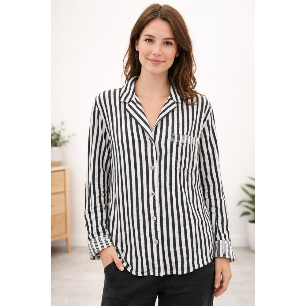 VICTORIA'S SECRET Metallic Stripe Pajamas Top Button Down Shirt Long Sleeves S